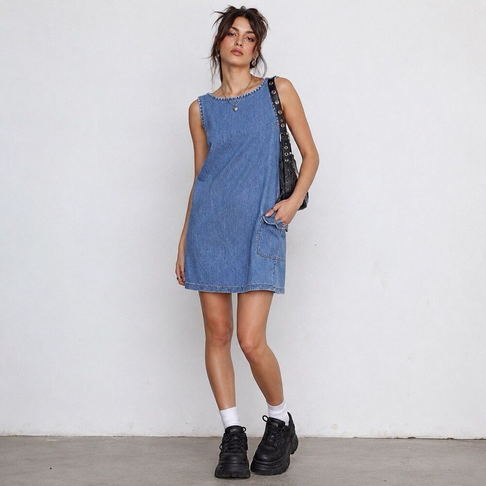 Eddie Bauer Denim 90s Vintage Cargo Pocket Casual Dress Women 10 Grunge Y2K